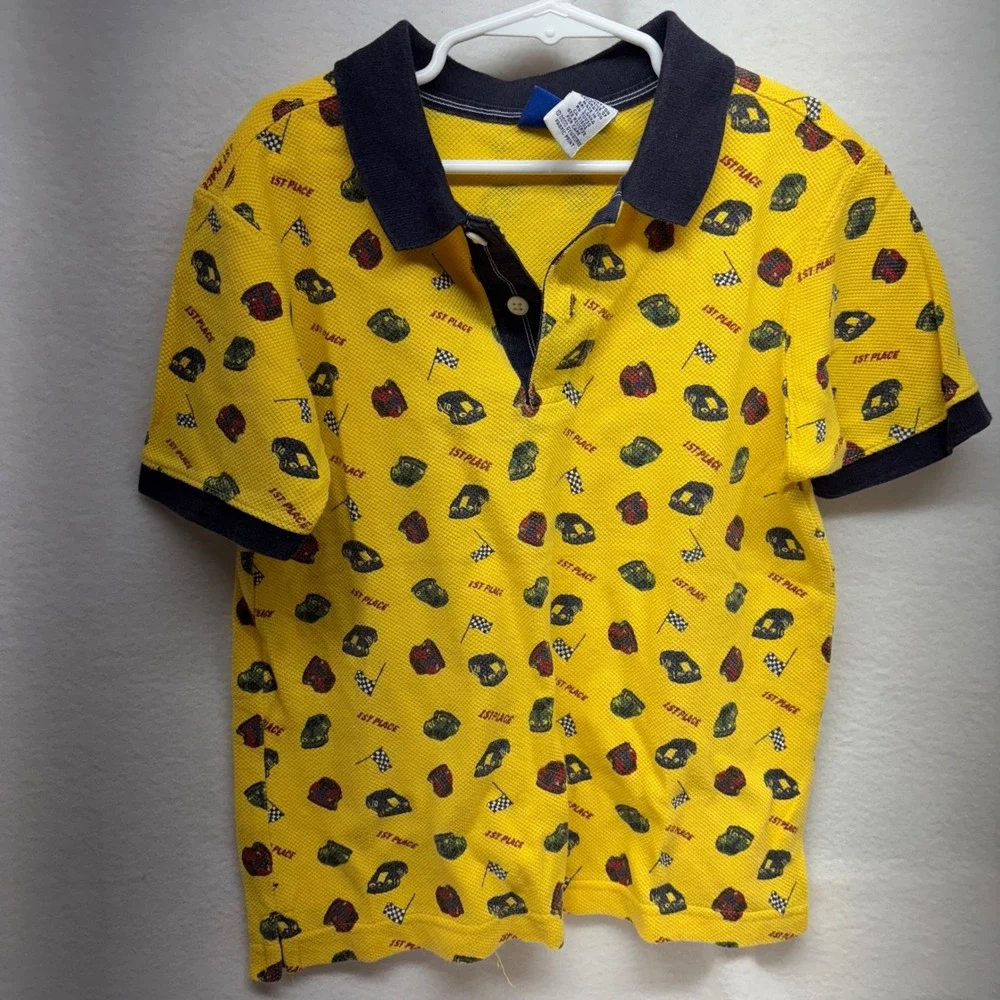 Vintage Kids Gymboree Large Yellow Racing Cars Flags Polo Shirt Cotton‎ 5 Yrs